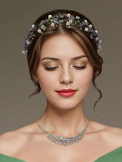 1pc Green Fresh Crystal Headband, Multilayer Beaded Headpiece, Suitable For Bride, Wedding, Celebration, Date, Party, Casual Wear Wedding Hair Band Fashion Hair Accessories Party Head Scarf