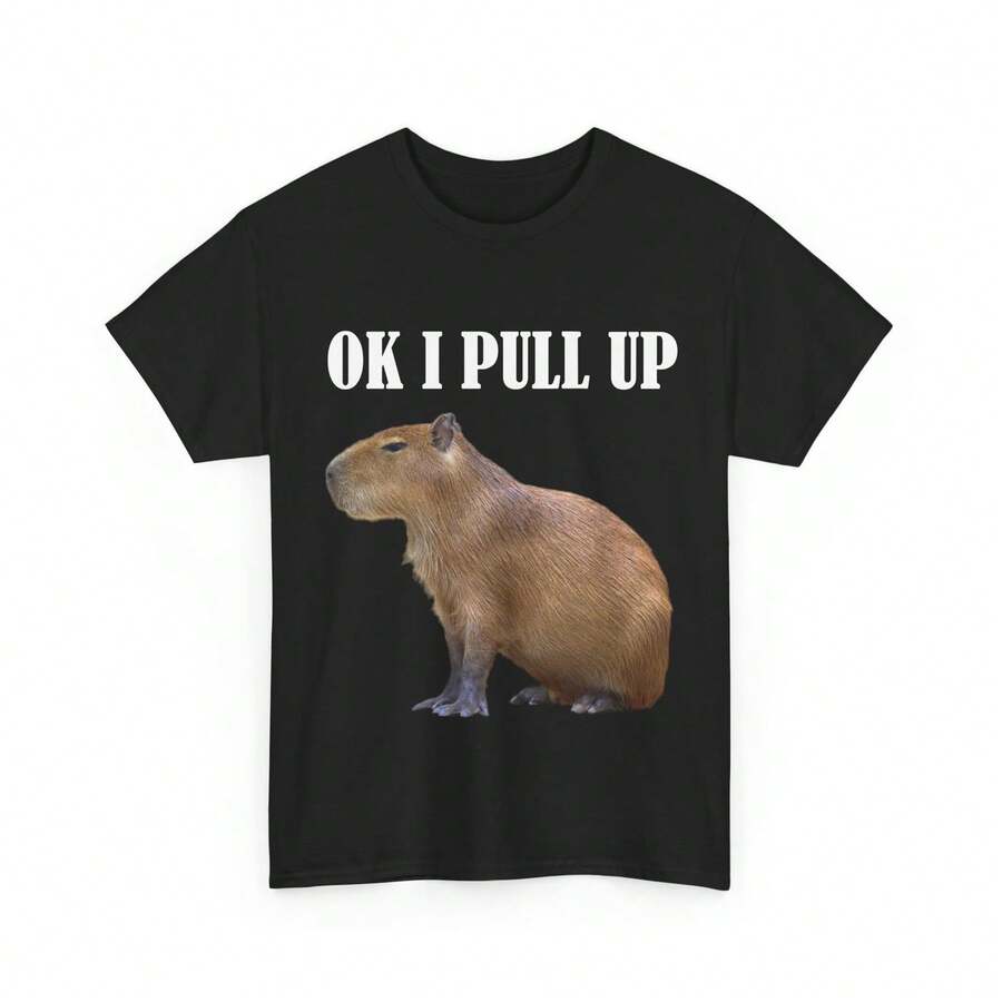 180GSM Pure Cotton Printed T Shirt With Cute Capybara Ok I Pull Up Graphic Soft And Breathable Material Easy To Clean And Dirt Resistant Durable Fabric Using Knitting Technology Ideal For Rodent Lovers Zookeepers Women And Men Offers A Comfortable And Funny Style - màu đen - Xem 1