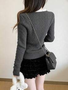 Spring Patchwork 2 In 1 Textured Knit Sweater, Red Color - Dark Grey - View 7