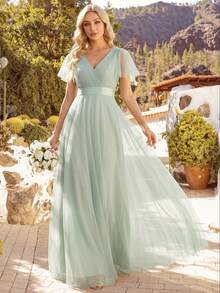 Đầm phù dâu thanh lịch màu xanh lá cây nhạt, cổ chữ V, dáng chữ A, chất liệu chiffon, thích hợp cho khách dự đám cưới, ngày Valentine, tiệc sinh nhật và các dịp trang trọng mùa xuân. - Màu xanh Bạc hà - Xem 6