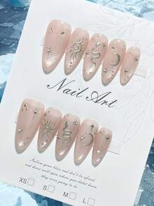 1 Piece Handmade Press-On Nail Art, Pink Nails, Almond-Shaped Nails, Cat-Eye Nails, Metallic Finish, Hand-Painted Design, Valentine's Day Nails, High-End Quality, Reusable, Suitable For Everyday Wear And Holidays. - Pink - View 3