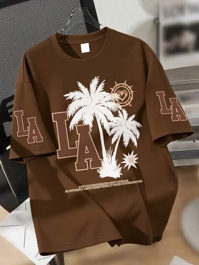 1 Piece Teen Style City Vacation Teen T-Shirt For Boys, "LA+Palm Tree" Pattern Style, Soft And Comfortable Fabric, Suitable For Spring And Summer Daily Casual Outings Campus Wear Cool Personality Style