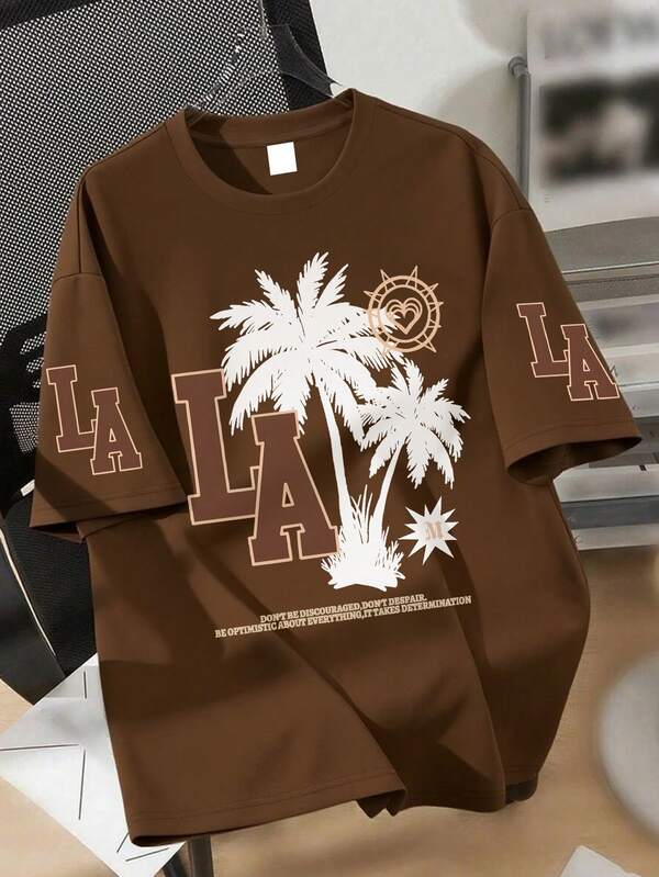 1 Piece Teen Style City Vacation Teen T-Shirt For Boys, "LA+Palm Tree" Pattern Style, Soft And Comfortable Fabric, Suitable For Spring And Summer Daily Casual Outings Campus Wear Cool Personality Style