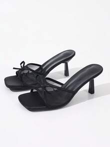 黑色露趾网面高跟凉鞋，蝴蝶结装饰，简约设计，百搭，夏季新品 - 黑色方頭單網 - 查看 10