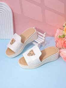 女童时尚拖鞋，休闲高跟坡跟凉鞋，春夏可爱之选 - 白色 - 查看 1