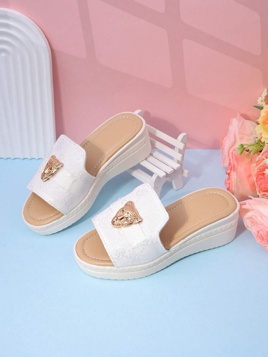 女童时尚拖鞋，休闲高跟坡跟凉鞋，春夏可爱之选 - 白色 - 查看 1