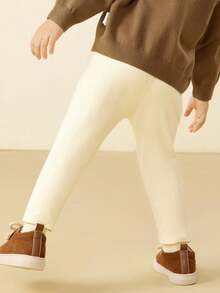 mini bala Baby Girl Cartoon Bear Print Thermal Leggings, High Stretch Warm Pants For Winter - Vanilla White - View 3