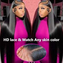 PQL Brazilian Long Straight Lace Front Wigs Human Blended Hair Wig 180% Density 13x6 13x4 HD Lace Frontal Wigs Human Blended Hair For Women Glueless Wigs Lace Frontal Closure Wig Pre Plucked Tiny Knots Natural Hairline With Baby Hair 8-34 Inches - Natural & Black - View 5