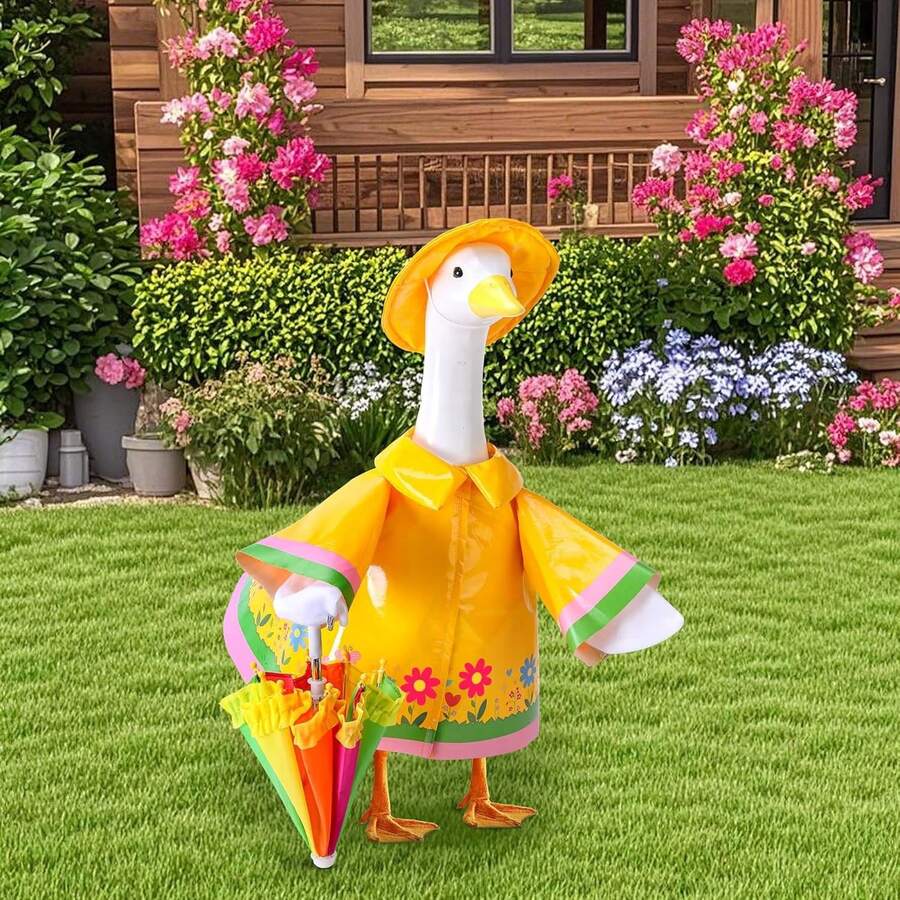 3-Piece Raincoat Set, Goose-Shaped Outdoor Clothing, Summer Lawn Goose Statue Raincoat Set, Yard Goose-Shaped Clothing, Raincoat, Umbrella, Hat, Yard And Garden Decoration - 黃色 - 查看 1