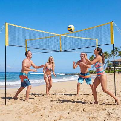 4 Square Volleyball Net For Backyard, 14 FT Wide 4-Way Volleyball Game Set With Adjustable Height, Portable Net For Beach, Lawn, Outdoor Family Fun And Training