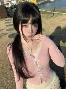2pcs Bowknot Design Long Sleeve T-Shirt & Lace Camisole Set, Gentle & Romantic Style, Spring - Pink - View 2