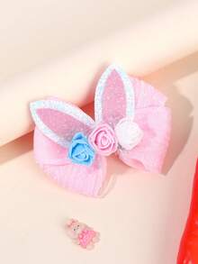 1个粉色兔子耳朵复活节发夹，女孩花朵装饰发夹，闪亮亮片鳄鱼夹，可爱甜美发卡，节日派对礼物，青少年发饰 - 粉色 - 查看 3