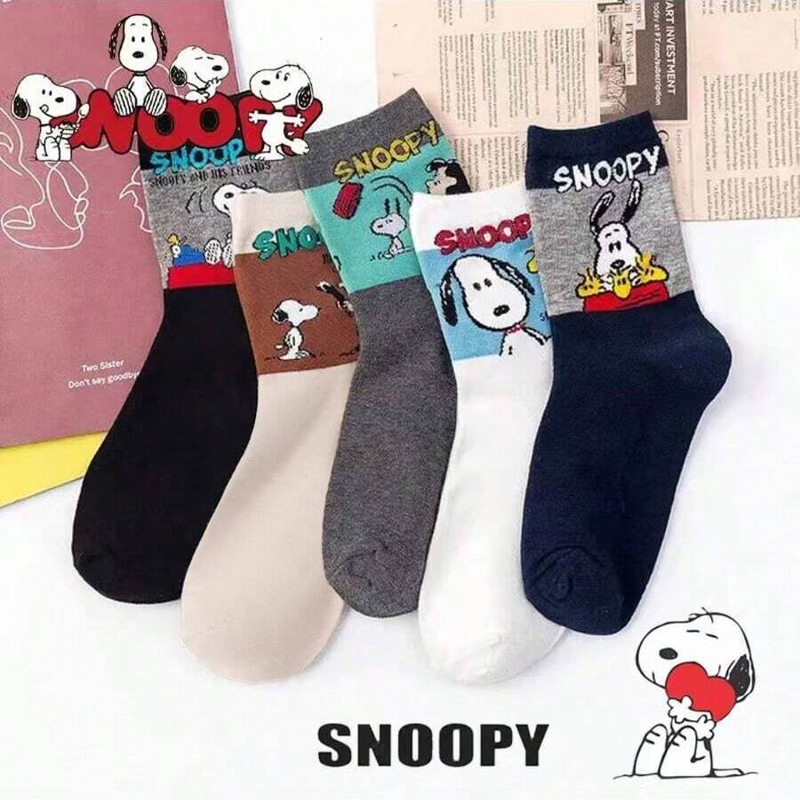 SNOOPY 1/3/5/10双装卡通时尚中筒袜,男女通用,舒适柔软运动袜,季节性中筒袜,史努比卡通图案,百搭柔软舒适袜 - 彩色 - 查看 1