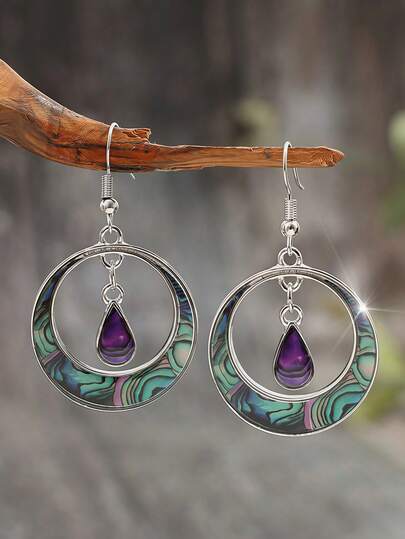 1 Pair Geometric Vintage Palace Style Oil Drop Conch Alloy Hoop Earrings, Retro Fashion Earrings For Women