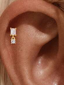 1件925纯银几何元素立方氧化锆耳钉，平底耳骨耳廓穿孔耳钉，适合女性日常、约会、度假、婚礼、派对、节日礼物 - 金色 - 查看 9