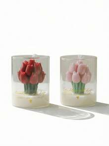 Vela perfumada en tarro de vidrio con ramo de tulipanes - Vela floral hecha a mano en taza, adecuada para decoración del hogar, cumpleaños, regalo de dama de honor, regalo romántico del Día de San Valentín - Multicolor - Ver 19