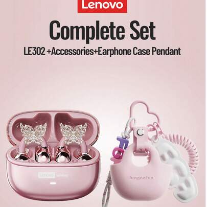  Combo de auriculares Bluetooth de moda Lenovo LE302, con accesorio de diadema con lazo y estuche protector, auriculares intrauriculares con sonido envolvente, audio de alta calidad, baja latencia, música, juegos, cancelación de ruido ENC, uso cómodo, sin perforación de orejas, accesorio de pendiente elegante, regalo para mujeres