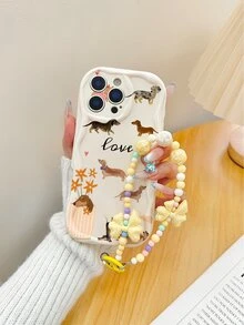 卡通小狗奶油色波浪边手机壳，带手链吊坠，时尚简约加厚防震保护套，兼容 17/17 Pro、15 Pro Max、16/16 Pro/16 Pro Max、16 Plus、15 XR、7/8、15 Pro Max、12 Pro Max、13 Pro Max、14 Pro Max、13、14、11、12、14 等机型。