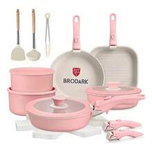 Brodark Batería De Cocina Juego De Sartenes 23 Piezas De Utensilios Antiadherentes Ollas Y Sartenes Medical Stone Con Mangos Desmontables Y Tapas De Vidrio, Compatible Con Inducción Gas Y Horno Blanco - Blanco - Ver 1