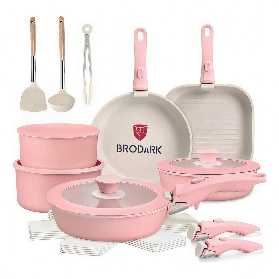 Brodark Batería De Cocina Juego De Sartenes 23 Piezas De Utensilios Antiadherentes Ollas Y Sartenes Medical Stone Con Mangos Desmontables Y Tapas De Vidrio, Compatible Con Inducción Gas Y Horno Blanco - Blanco - Ver 1