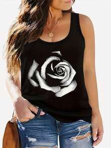 Women'S Fashionable Black And White Abstract Rose Tank Top - Casual, Oversized, Soft Polyester Blend, Round Neck, Machine Washable, Perfect For Spring And Summer, Casual WearArtistic Tank TopStretchy Fabric - Black - View 1