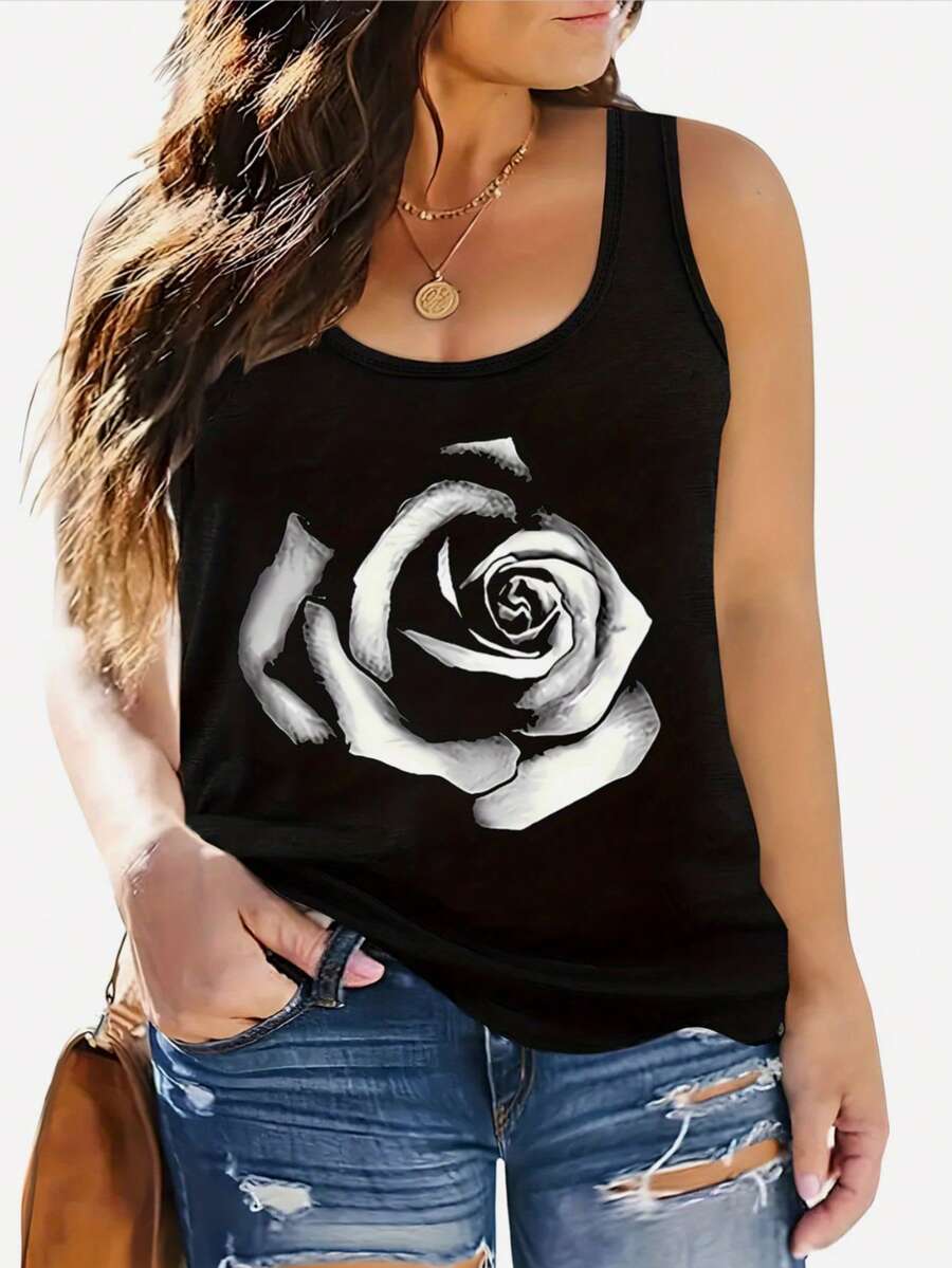 Women'S Fashionable Black And White Abstract Rose Tank Top - Casual, Oversized, Soft Polyester Blend, Round Neck, Machine Washable, Perfect For Spring And Summer, Casual WearArtistic Tank TopStretchy Fabric - Black - View 1