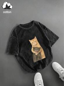 Camiseta de manga corta casual con estampado de gato para mujer, adecuada para el Día de San Valentín, vacaciones, uso en verano, color negro - Negro - Ver 4