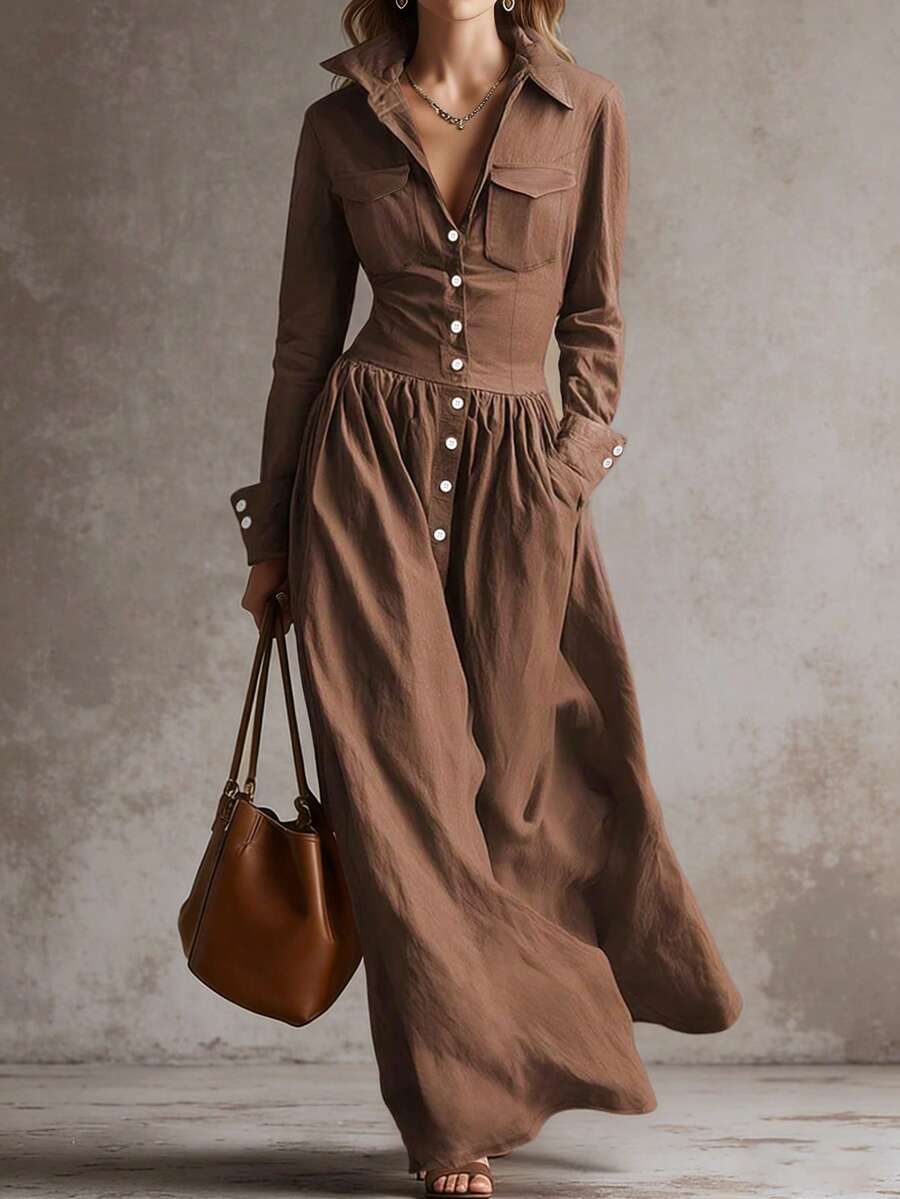 HUTENER Vintage V-Neck Ruched Waist Loose Slit Long Sleeve Dress, French Retro Style, Suitable For Countryside Themed Party Elegant Spring - Brown - View 1