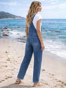 欧美时尚宽松蓝猫须印花无袖长款牛仔哈伦裤女舒适春夏