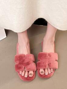 Women's Fuchsia Flat Open Toe Fluffy Slippers, New Autumn/Winter Furry Low Heel Slip-On Slippers, Soft Plush Beach/Home Slippers, Lightweight Comfortable Warm Fuzzy Slides, Open Toe & Heel Slippers - Rose Red - View 3