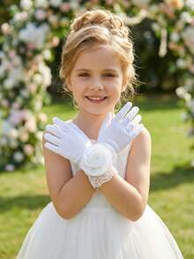 1 双 3-10 岁儿童缎面光滑弹力白色大玫瑰花手套 - 缎面花童手套，适合女孩选美、芭蕾舞表演、公主生日和婚礼，超柔软 - 1Pair - 查看 5