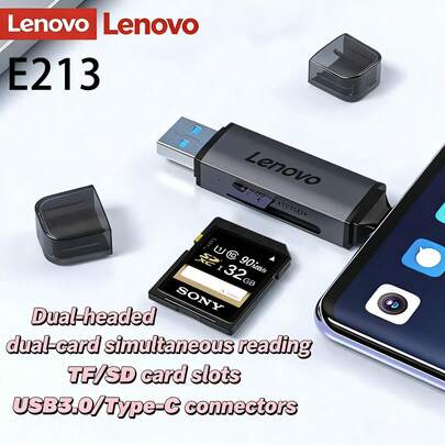 Lenovo E213 카드 리더기: USB 3.0 고속 전송(5Gbps)을 지원하며, 두 개의 TF 카드를 동시에 읽고 쓸 수 있어 1GB 파일을 10초 만에 전송하여 효율성을 극대화합니다.