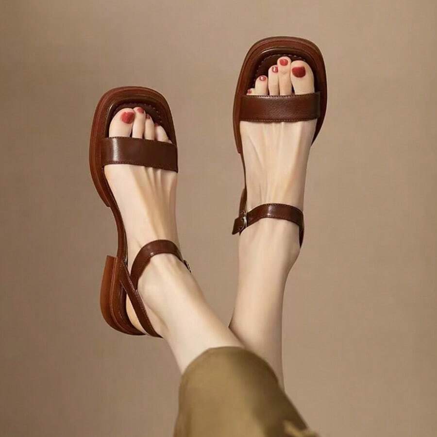 Sandalias vintage francesas de tacón bajo para mujer, estilo romano informal, con tiras y punta abierta, sencillas y cómodas, con suela plana. - Marrón - Ver 1