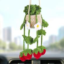 Crochet Plant Hanging Basket For Car Rear View Mirror Decor, Polyester, Light Green, Durable, Handmade, Cute Interior Aesthetic, Gift For Women - 粉紅色 - 查看 11