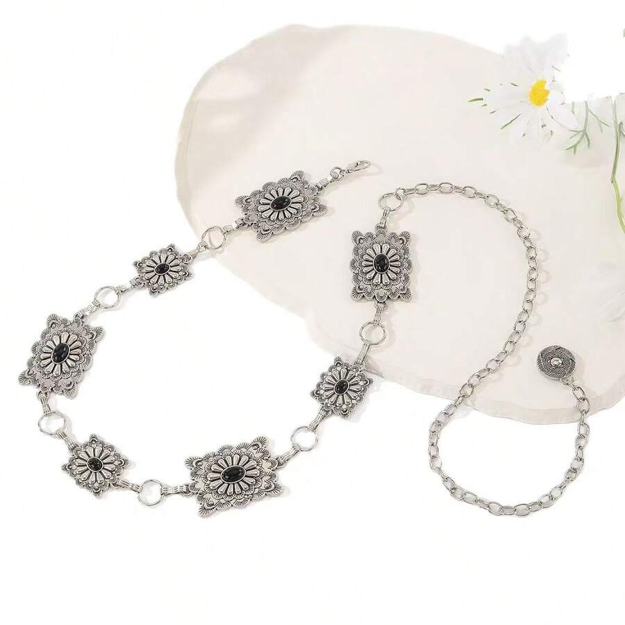 Vintage Metal Carved Butterfly Decor Waist Chain, Unique High-End Versatile Chain, Bowknot Boho Zinc Alloy Retro Punk Hollow Flower Waist Chain, Suitable For Spring, Summer, Autumn And Winter - Silver - View 1