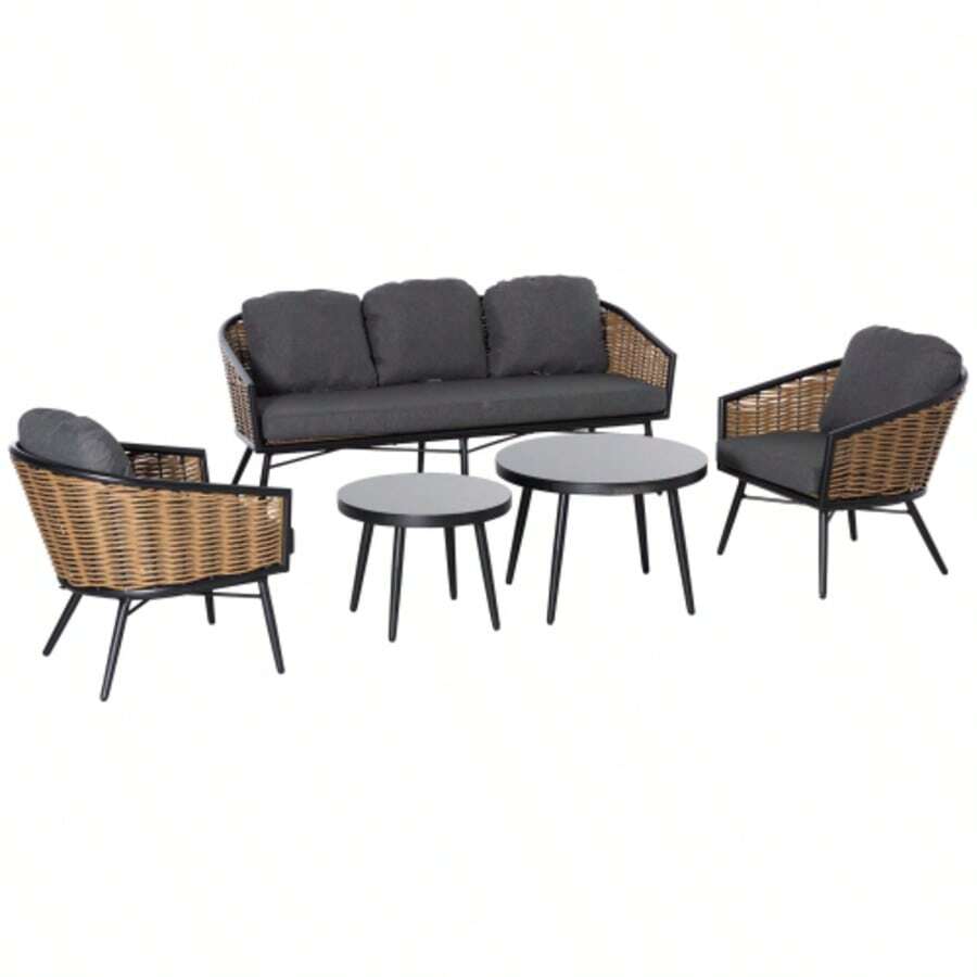 Poly Rattan Garden Furniture Set, 5-Piece Rattan Garden Lounge Set With Coffee Table And Cushions, Aluminum Frame, Weather Resistant, Ideal For Terrace And Balcony.