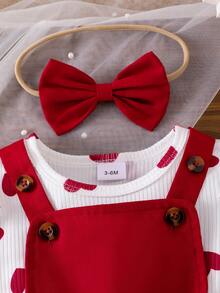 3pcs Baby Girl Princess Set: Heart Print Cap Sleeve Bodysuits, Layered Tulle Skirt, And Bow Headband - Red - View 5