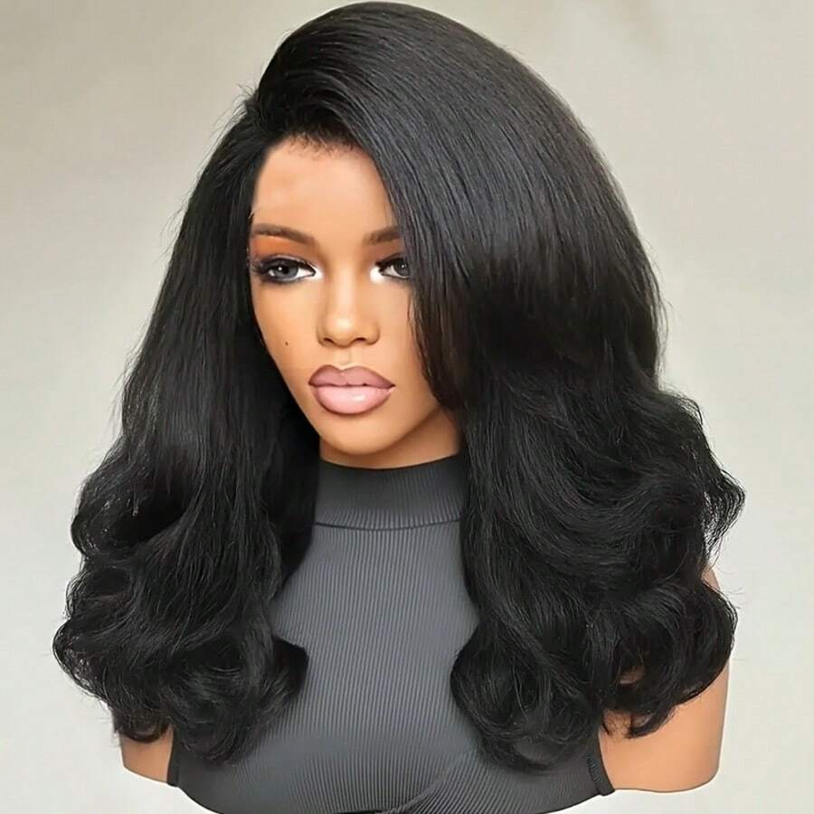 NATAN 1件装 28英寸 13*4 蕾丝前假发，预先拔毛，180密度，黑色，波浪卷，Yaki直发，柔软，女士适用，合成纤维，耐热，日常佩戴 - 自然色&黑色系 - 查看 1