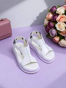 2026 Spring/Summer Minimalist Design Girls' 3-12 Years Old Toddler Soft Bottom Shoes, Pure White Geometric Hollow Structure, Lightweight & Durable EVA Material, Non-Slip, Breathable, Shock-Absorbing 3cm Shallow Wedge Heel, Fresh Minimalist Urban Commute Style Girls' Hollow Sandals, Girls' Casual Flat Shoes For Daily Commuting, Shopping, Outings And Multi-Scenario Wear! - White - View 5