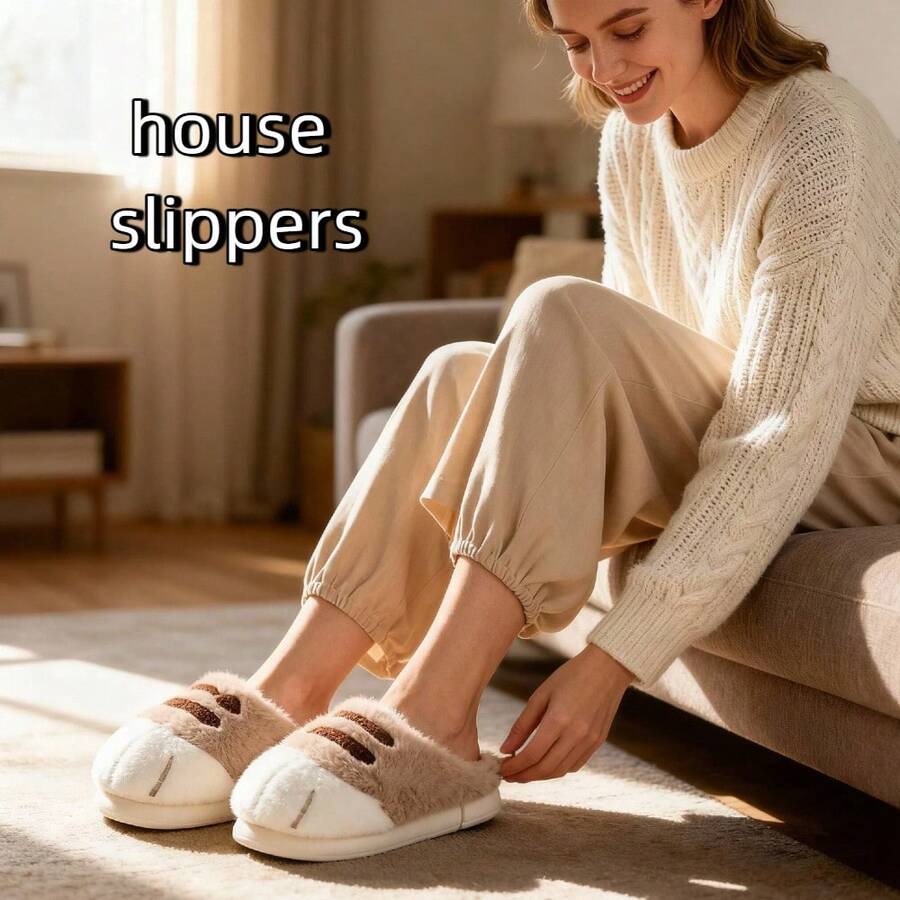 女士拖鞋 - 女士家居拖鞋 - 卡通猫爪家居拖鞋，舒适可爱优雅的卡通猫爪布艺拖鞋，适合办公室、家庭、户外等各种场合，四季皆宜。 - 棕色 - 查看 1