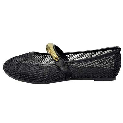 Women Flat Mesh Ballet Round Toe Mary Jane Shoe Fashionable Decoration Breathable Comfortable Casual Slip-On Ballerina In Summer Spring