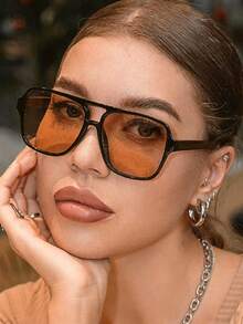 1pc Square Double Bridge Aviator Fashion Glasses, Retro High-End Chic Eyewear - Champagne - View 2