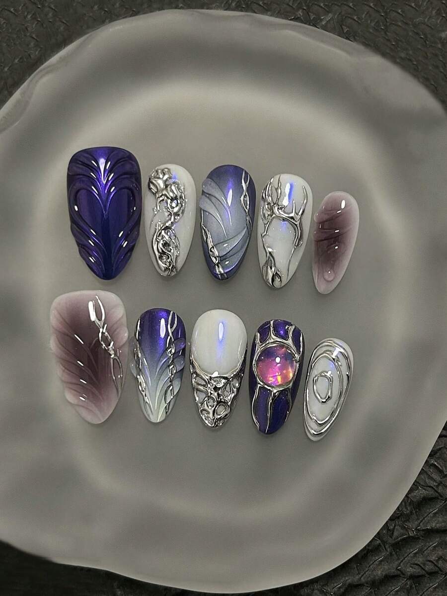 十片奢华复古手工美甲贴片，高端假指甲，欧美辣妹风，3D纯手绘假指甲，春夏款，可重复使用，美甲艺术，女士礼物，适合女孩和女士参加派对和日常佩戴。美甲用品 手工按压式假指甲