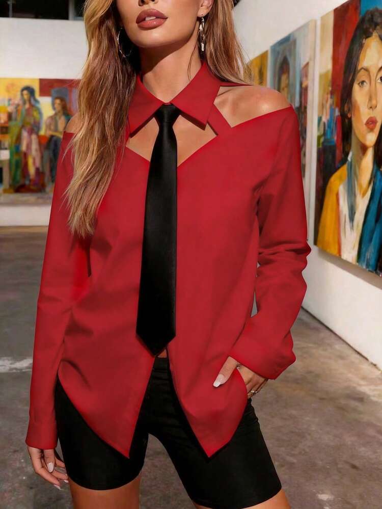 Elegante Damen Bluse mit Kontrast-Krawattenausschnitt, Off-Shoulder Ausschnitt und Hohlmuster, Langarm, Rot, geeignet für Frühling/Sommer, Urlaub, Outdoor-Tragen - Rot - Übersicht 3