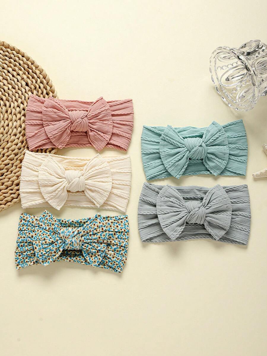 5件套多色婴儿发带，印花图案可爱，非常适合保护宝宝囟门、拍照和作为礼物，适合全年佩戴。 - 深粉紅米灰淺藍 - 查看 1