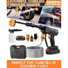 1件装无线高压清洗机，便携式电动高压清洗机，手持式高压洗车枪带泡沫喷头，配备6.0Ah可充电电池和5米软管，压力1.2MPa，适用于汽车、地板、庭院清洁和浇水。