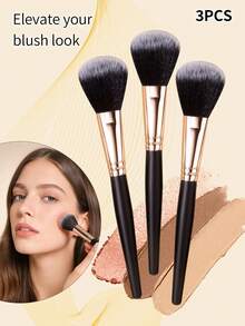 3pcs Black Blush Brush, Contour Brush, Flat Top Makeup Brush, Soft Bristle Highlighter Brush, Multi-Functional Makeup Tools, Powder Brush, Makeup Brushes - Black - View 4