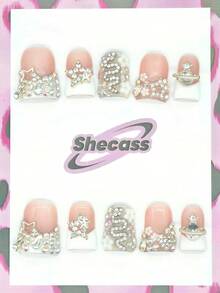 10pcs Handmade Press On Nails Duck Nails 3D Y2K French Snake Star Flower White Fall Autumn Nail Supplies Fake Nails With 3pcs Nail Art Tools Nail Glue For Women And Girls To Party Travel Daily School - Multicolor - View 1