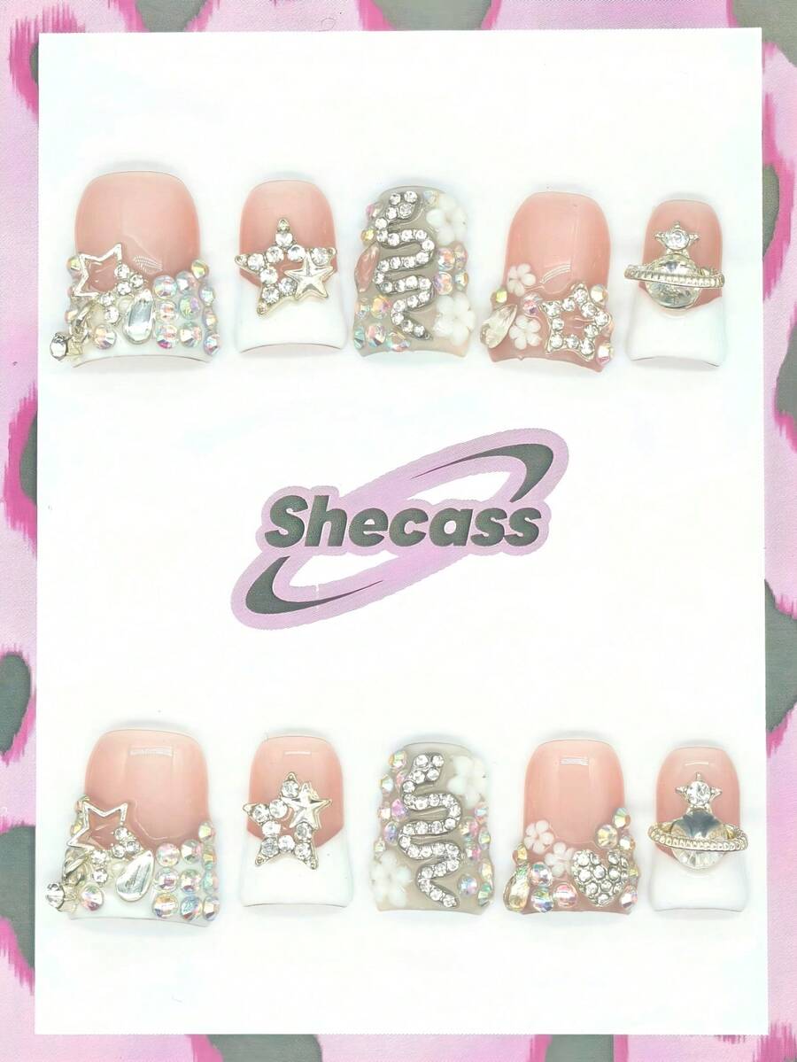 10pcs Handmade Press On Nails Duck Nails 3D Y2K French Snake Star Flower White Fall Autumn Nail Supplies Fake Nails With 3pcs Nail Art Tools Nail Glue For Women And Girls To Party Travel Daily School - Multicolor - View 1