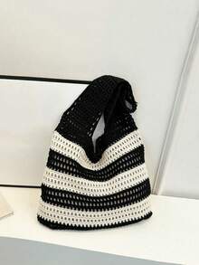 Yogodlns 2024 Nouveau grand sac fourre-tout décoratif rayé fait main, style vacances d'été sac en paille tressé à la main, sac à main tressé fait main pour femmes - Noir et Blanc - Voir 10